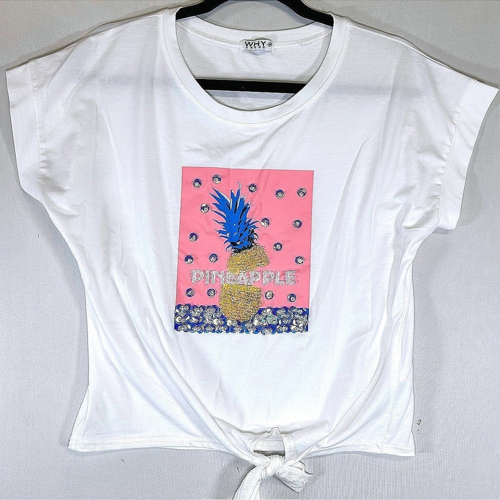 WHY Dressy Pineapple Sequin Tie Front Tee White Short Sleeve Top M